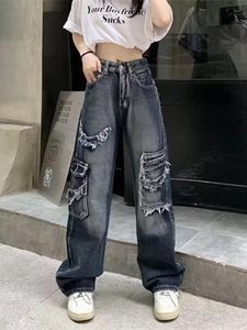 Women's Jeans Patchwork Packets Women High Waist Wide Leg Female Pants 2024 Fashion Retro Hip Washed Loose Casual Lady Trousers