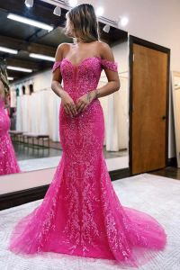 New Sexy Fuchsia Mermaid Prom Dresses Off Shoulder Appliques Sequins Beads Evening Graduation Gowns For Teens Vestidos De Bal Bc18401