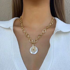 Unik design runda skal lotus hänge halsband för kvinnor 14k gult guld halsband mode smycken