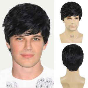 Perucas sintéticas empresário preto masculino perucas de cabelo curto perucas naturais com franja bonito corte de cabelo perucas pretas para homens halloween traje peruca cosplay 240318