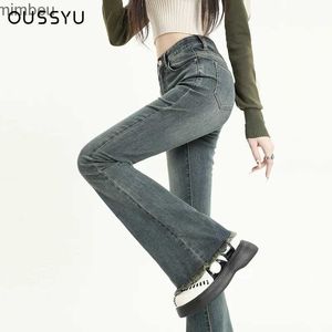 Women's Jeans OUSSYU Summer Flared Jeans Women Cotton Vintage Blue Denim Pants Streetwear Elastic High Waist Slim Harajuku TrousersC24318