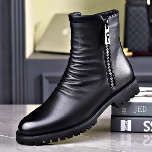 Stövlar mäns brittiska stil läder stövlar hösten affärssidan zip hög toppskor mode rund tå nonslip lägenheter botas de hombre