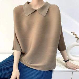 Summer Miyake Pleated Chic POLO Collar Simple Top Women Mid-length Sleeve Female Loose Simple Casual T-shirt for Women 240308