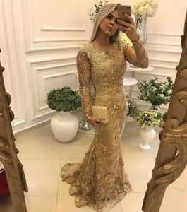 Elegant Gold Lace Mermaid Evening Dresses Flower Pattern Long Sleeves Jewel Neck Formal Occasion Gown For Women Vintage Prom Dress