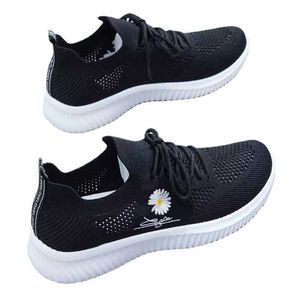 HBP Non-Brand lady students cheap sneaker tennis breathable walking shoes flat lace up slip on blue knit upper
