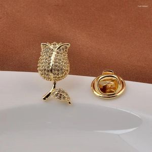 Brooches Simple Gold Color Zircon Flower Anti-glare Brooch For Women Men Elegant CZ Pave Copper Button Buckle Collar Clip Pin Accessories