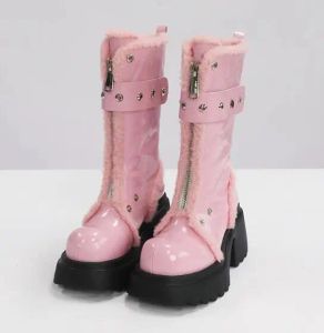 Buty uvrcos kobiety jazdy buty zima najnowsze środkowe buty futra piękne różowe skórzane masywne obcasy śniegowe czarne białe