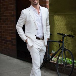 Dräkt Senaste kappa byxa design elfenben/vit linne casual män kostym 2023 sommarstrand enkel anpassad gjord 2 bit jacka män kostymer