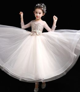 Artistic Ivory Tulle Jewel 3/4 Långärmpärlor Flower Girl Dress Girl's Pageant Dresses Party/Birthday Dresses Girl's Skirt Custom SZ 2-12 D318012