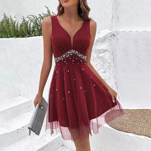 Casual Dresses High Waist Dress Women Evening Elegant V Neck Pearl Embellished A-line With Double-layer Mesh For Summer