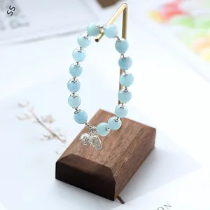 Strand 13-17 Cm Women Daily Wear Bracelet Natural Blue Crystal Round Beads And Metal Floral Pendant Hand Charm Accessories