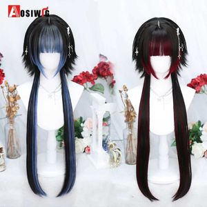 Perucas sintéticas aosiwig y2k sintético longo liso lolita harajuku peruca com franja preto azul diário cosplay festa cabelo 240328 240327