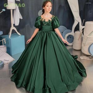 Flickaklänningar Emerald Green Pageant Long Puffy Sleeve Spets Flower Dress for Wedding Illusion Sheer Satin Bow Birthday Party Gowns