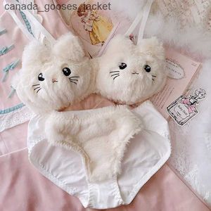 Sutiãs Wriufred Bonito lingerie macia menina rosa pelúcia gato bordado sem anel de aço reunir sutiã conjunto cintura baixa puro algodão roupa interior cartoonC24318