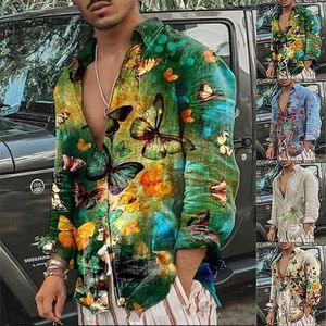 Men's Casual Shirts 2024 Autumn Cardigan Long Sleeved Polo Neck Shirt Butterfly Print Top From Europe And America