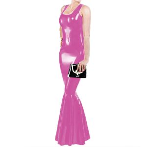 Sexig glansig PVC ärmlös sjöjungfru maxi klänning elegant mantel långa klänningar för kvinnor faux läder kväll bodycon klänning 7xl