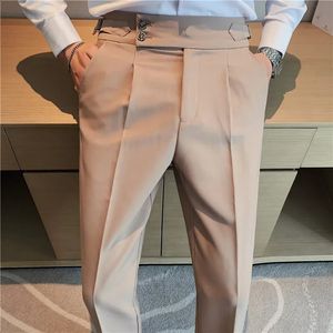 Calças masculinas de cintura alta 2024 outono estilo britânico cor sólida casual vestido calças fino ajuste formal terno calças moda roupas masculinas 240318
