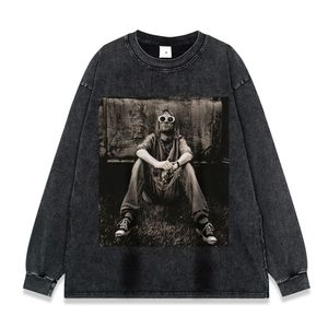 Rock Art Series Impresso American Trendy Brand Washed Old Manga Comprida Camiseta Solta para Homens e Mulheres