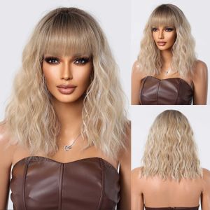 Sentetik peruklar haircube kısa sarışın beyaz dalgalı bob peruklar, siyah kadınlar için patlamalarla ısıya dayanıklı sentetik peruklar Noel cosplay lif saçı 240328 240327