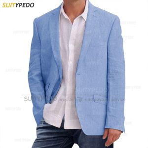 Jacken Blau Leinen Männer Blazer Mode Slim Fit 2 Knöpfe Anzug Jacke 2023 Sommer Business Hochzeit Smoking Casual Strand Herren mantel 1 Stück