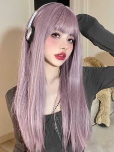 Syntetiska peruker 22 tum Pinky Light Purple Syntetiska peruker med Bang Long Natural Straight Hair Wig For Women Daily Use Cosplay Heat Resistant 240328 240327