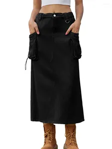 Kjolar edhomenn kvinnor s midi last kjol fast färg dragsko denim med fickor y2k long streetwear