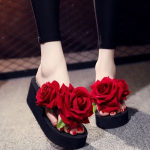 Flops Big rose flowers flip flops charm ladies sapato feminino antiskid slides women pearl beading platform sandalias female 3542