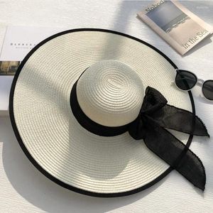 Berets senhora casual aba larga chapéu de palha grande bowkno verão moda chapéus de sol praia plana panamá boné preto arco para mulheres acessórios