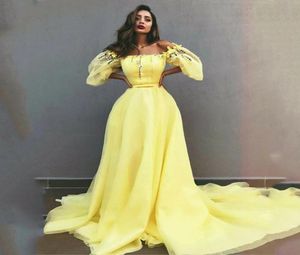 Elegant Yellow Off The Shoulder Prom Dresses Long 34 Long Sleeves Appliques Beads Evening Dress robe de soiree Long Train Party F3032905