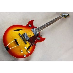 Flyoung guitarra elétrica semi oca de ponta dupla, corpo fino jazz cs tomate mexido cor personalizável