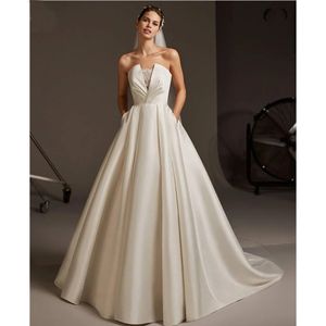 Einfaches Hochzeitskleid aus weichem Satin mit Tasche, ärmellos, mit Perlen verziert, bodenlang, rückenfrei, Falten, Brautkleider, Vestidos De Novia YD