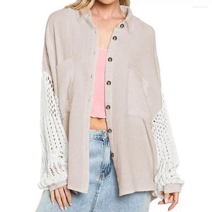 Camicette da donna Moda Crepe Colletto con risvolto Camicie a maniche lunghe Camicia casual allentata impiombata in pizzo Top da donna Streetwear