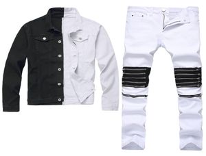 Men039s Slim Fit Tracksuits Denim Jacket Pants 2pcs Set Preto e Branco TwoColor Manga Longa Casaco Rasgado Buracos Zipper Decora4337357