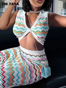 CM.YAYA 2024 Summer Women's Sets Sleeveless Knitted Crop Top and Elastic Waist Split Skirts Sexy Dress 2 Two Piece Sets Beach 240318