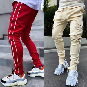 Spring and autumn men's cargo pants fashion brand elastic multi-bag reflective straight leg sports fitness casual pants