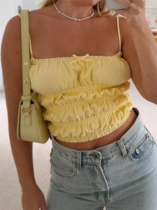 Women's Tanks Summer Camisole Tops Solid Color Spaghetti Strap Frill Bow Cropped Show Navel Vest