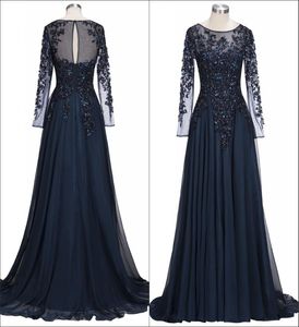 Navy Blue Sheer Long Sleeves Chiffon Mother Of The Bride Dresses Beaded Stones Floor Length Formal Party Evening Dresses BA91358052137