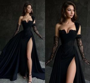 Sexy Black High Thigh Split Evening Dresses A Line One Shoulder Sweetheart Appliques Beads long Prom Dress Formal Occasion Party Gowns BC16983