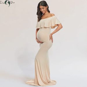 Liu Qu Women Maternity Po Shoot Dresses 우아한 슬림 가운 임신 포지로 드레스 어깨 롱 파티 옷 240309