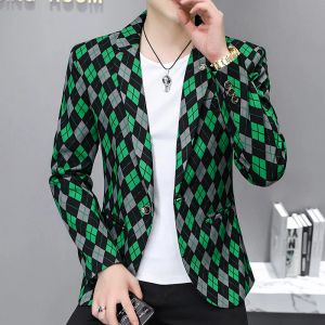 Giubbotti 2022 Autunno Nuovo Reticolo Verde Cappotto Casual Moda Uomo Business Slim Fit Vestito di Vestito Formale Festa Sociale Tuxedo Blazer Homme