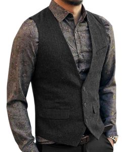 Västar Mens Suit Vest Wool HerringBone Vintage Tweed Casual Formal Business Waistcoat For Wedding Groomsmen Green/Black/Grey