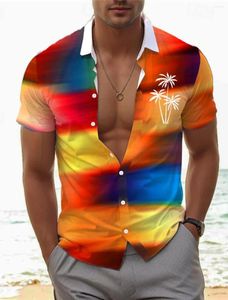 メンズカジュアルシャツグラディエントパームツリートロピカルリゾートハワイアン3Dプリントシャツボタンアップ半袖夏のビーチバケーションデイリーウェア
