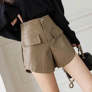 Women's Shorts Fake Pockets Wide Leg Leather Shorts Solid Color Khaki Black Casual Chic Loose High Waist A-line Mini Shorts Female S-XLC243128