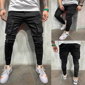 Homens preto motociclista carga jeans multi bolso fino ajuste joggers calças masculinas rasgado buraco motocicleta streetwear denim lápis calças