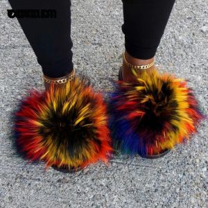 Boots Fluffy Raccoon Fur Slippers Shoes Women Fur Flip Flop Flat Furry Fur Slides Outdoor Sandals Fuzzy Slippers Woman Amazing Shoes