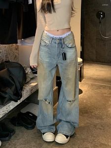 Jeans da donna Donna Y2k Grunge Baggy Vita bassa Pantaloni in denim strappati con fori Pantaloni vintage lunghi fino al pavimento Kpop giapponese anni 2000 Baddie