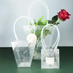 Storage Bags Transparent Trapezoidal Handbag PVC Plastic Waterproof Hand Gift Portable Bag PP Flower Shop Bouquet Packaging