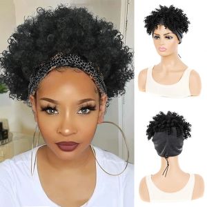 Peruker syntetiska afro kinky lockigt pannband peruk kort turban wrap hår peruk med puff bangs dragstring elastisk band halsduk peruk för kvinnor