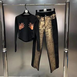 Calças de duas peças femininas 2024 primavera em torno do pescoço manga comprida camisa de palma com pó de ouro escovado perna reta jeans conjunto na moda