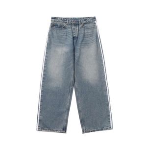 Jeans de grife para homens e mulheres 24ss alta qualidade fita lateral azul jeans unissex calças soltas tendência marca calças de moda masculina